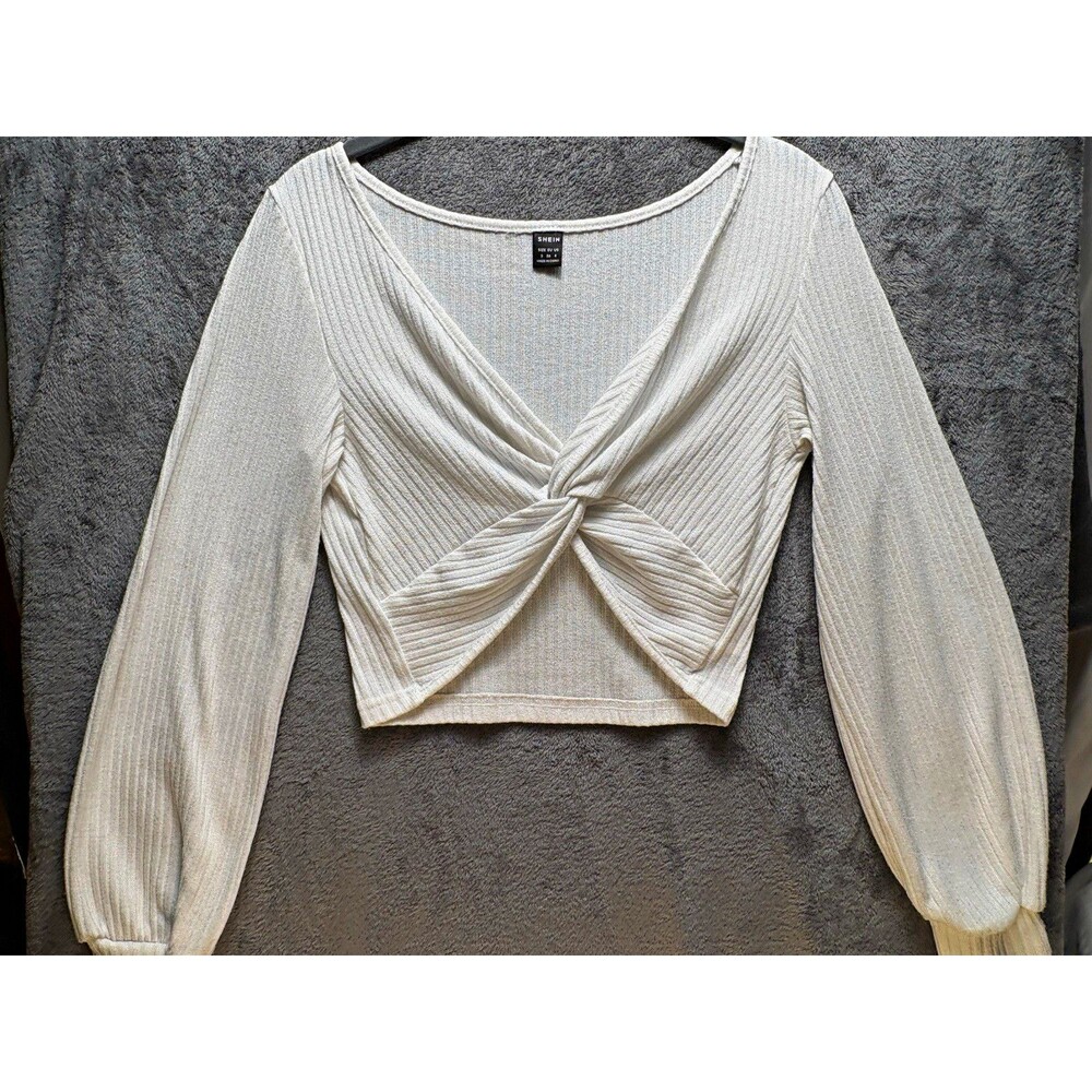 SHEIN Women’s White Solid V-Neck Twist Front Balloon Sleeve Cropped Knit Top S